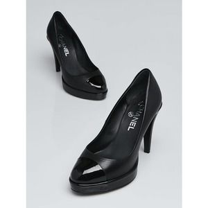 COPY - CHANEL Black Leather Cap Toe Platform Pumps Size 37